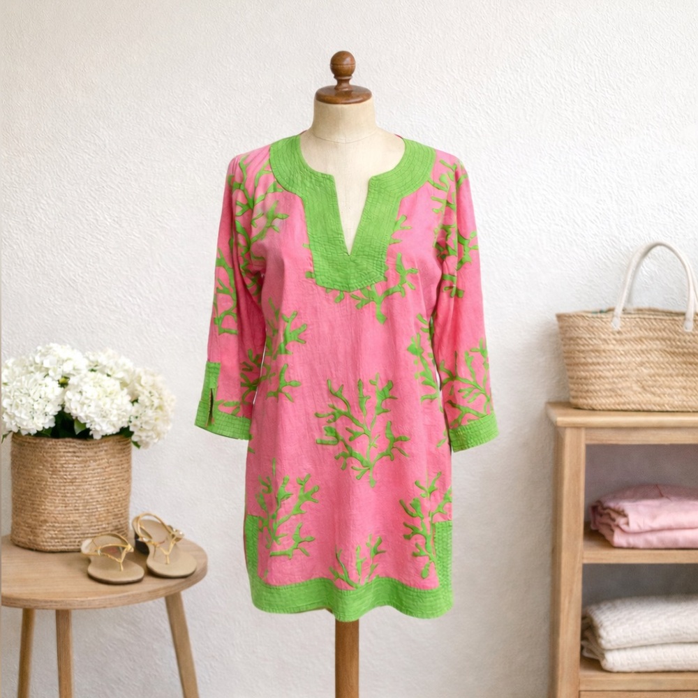 Top it Off Coral Print Cotton Shift  Dress - Pink & Green - Size S/M